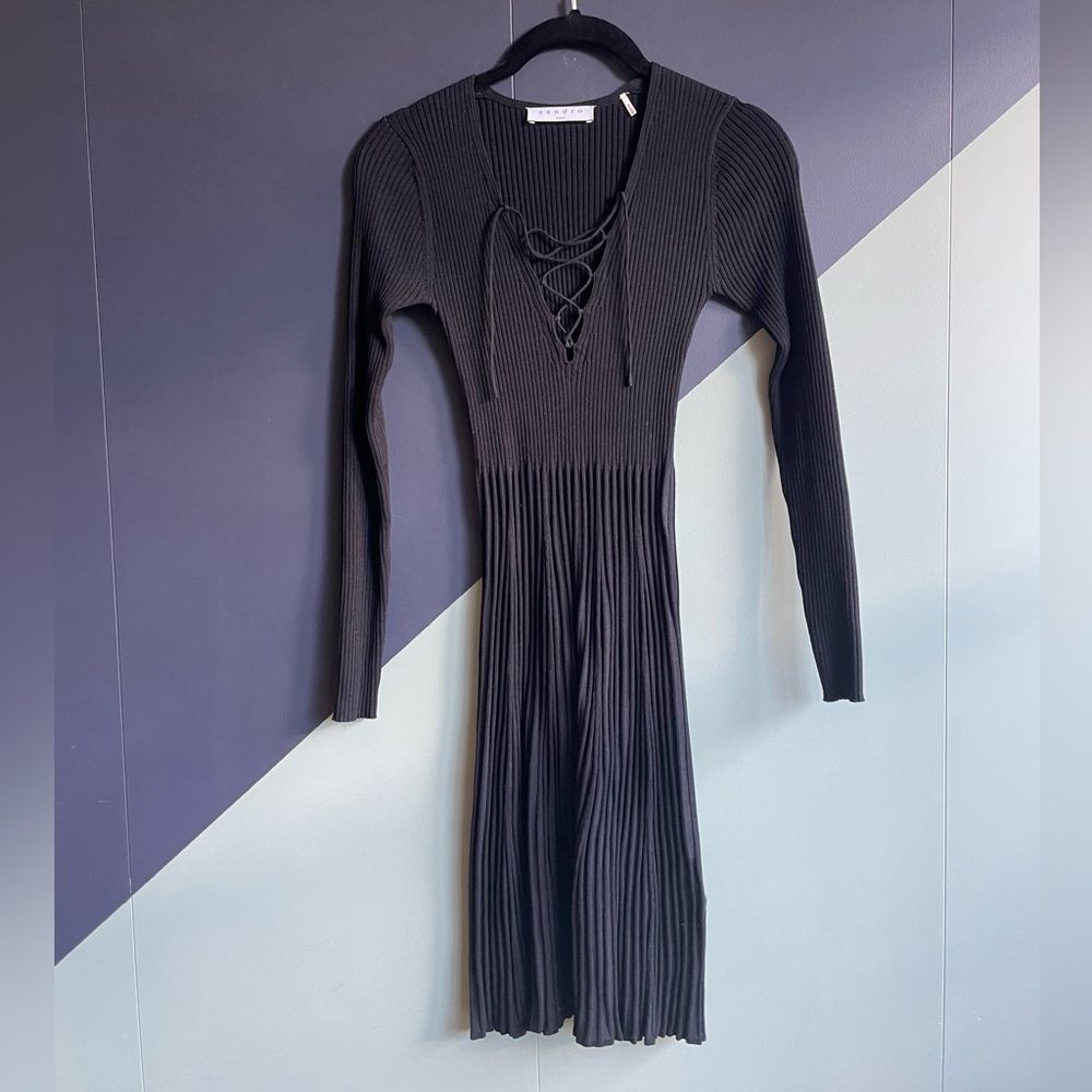 NWOT Sandro Black Ribbed Dress w/ flared skirt, Size 1 (XS-S)